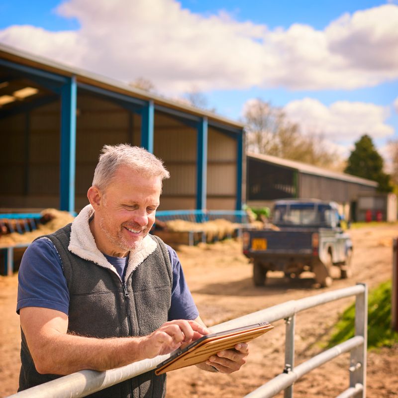 Mature Male Farm Worker Standing Outside Barn Checking Digital Tablet