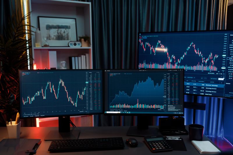 Big screens of dynamic stock market exchange graph showing on computer at neon light night time. Automatically trading sell or buy profit on time updated investment on financial technology. Infobahn.