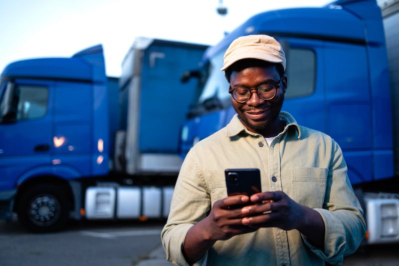Professional truck driver using smart phone application on parking lot.