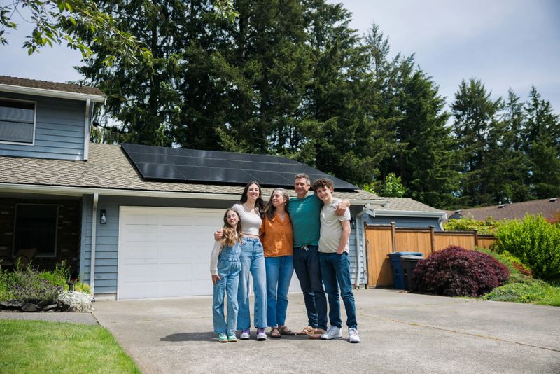 A Caucasian family with three children embrace on their driveway outside of their house.  Their solar panel array is visible on the roof of their home, providing green natural energy for the environmentally conscious family.  Sustainable modern lifestyle in action.