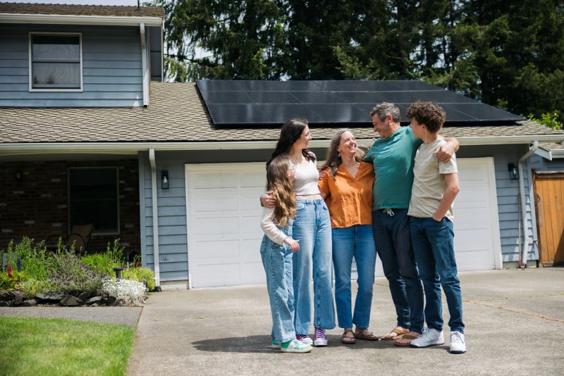 A Caucasian family with three children embrace on their driveway outside of their house.  Their solar panel array is visible on the roof of their home, providing green natural energy for the environmentally conscious family.  Sustainable modern lifestyle in action.