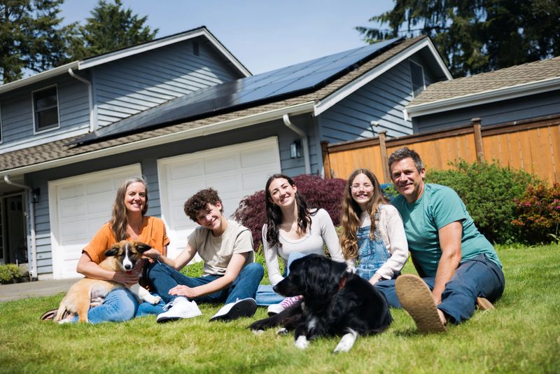 A Caucasian family with three children relax on the grass with their dogs.  Their solar panel array is visible on the roof of their home, providing green natural energy for the environmentally conscious family.  Sustainable modern lifestyle in action.