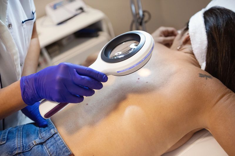Dermatologist examining her patient with a dermatological magnifying glass - Buenos Aires - Argentina
