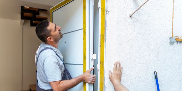 Worker installing a door frame.