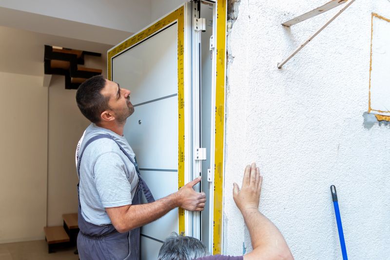 Professional carpenters installing an entrance door in a new apartment. Door installation worker replaced the old one with a new one