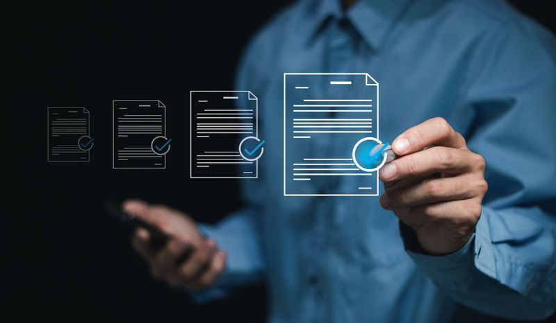 Digital checklist documents and Online business assessments, Businessman checking electronic documents and approval checklist.