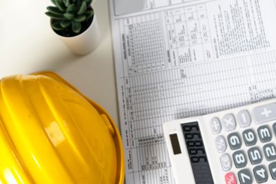 Yellow construction helmet, calculator, and blueprints on a desk.