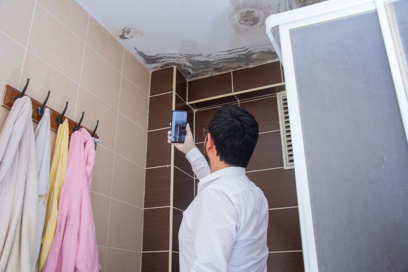 Expert takes photo of moldy bathroom ceiling