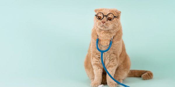 Cat wearing glasses and a stethoscope.