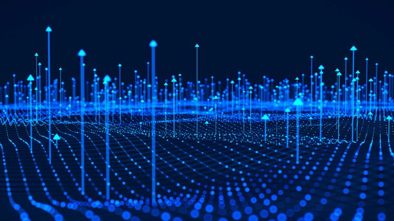 A futuristic digital landscape depicting a network grid with numerous rising arrows, illustrating the data growth and connectivity.