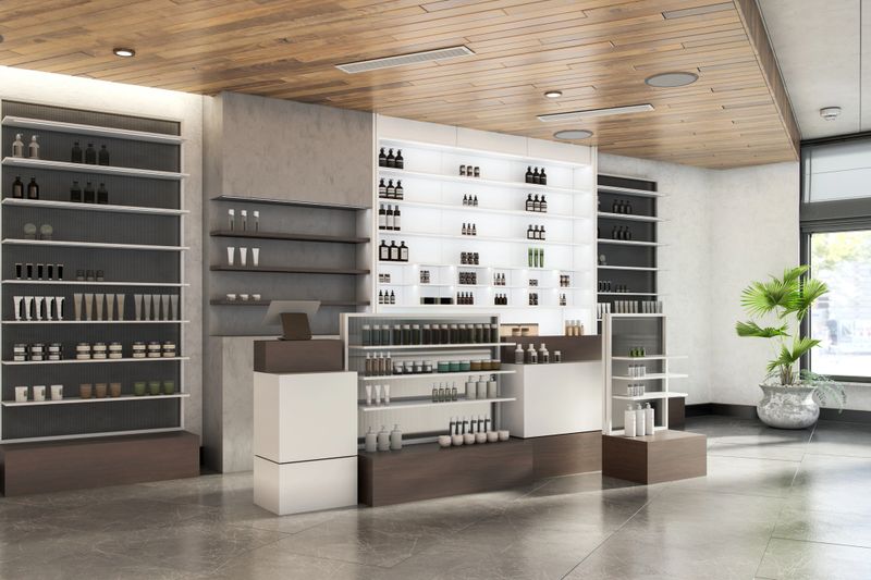 3D render of a contemporary retail space dedicated to beauty and cosmetics products, featuring display shelves stocked with a variety of skincare and beauty items.