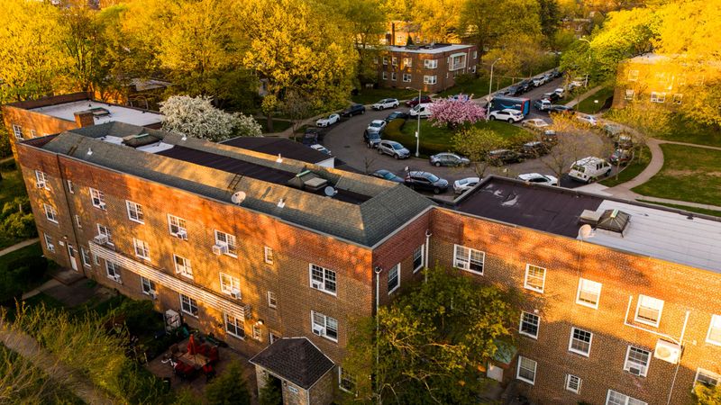 Sunset covers a residential neighborhood with apartment complex in Kew Gardens Hills, Queens, New York City