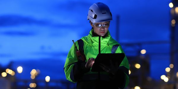 Engineer in high-visibility jacket and helmet using tablet at night.