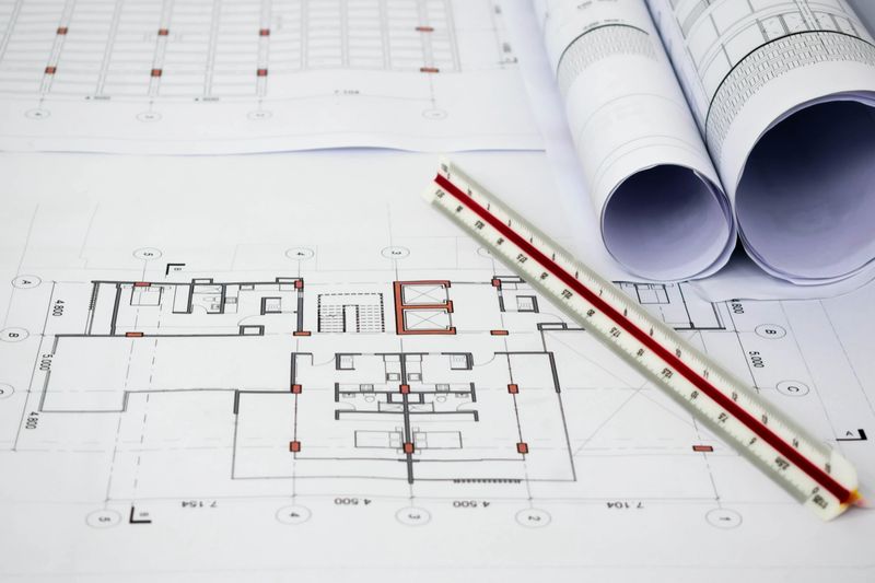 Architectural and construction plans with axes, dimensions, structure and a scalimeter.