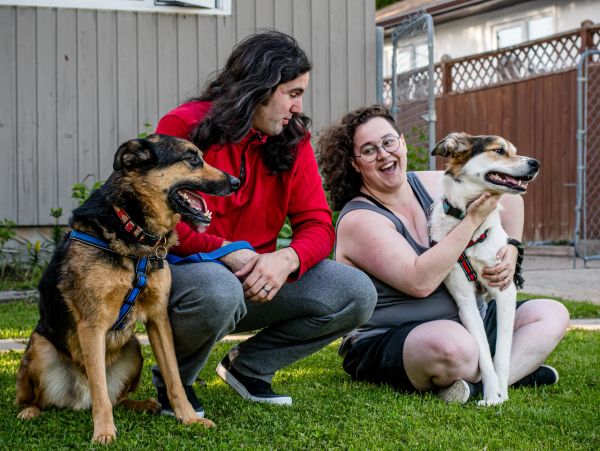 Two people sitting with their dogs outside on the grass.