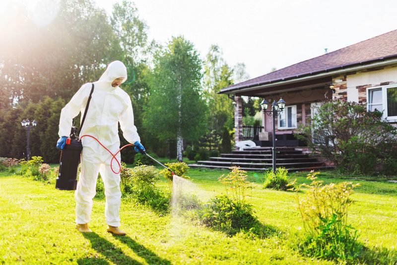 Mid adult man in protection suit spraying the garden from mites, blasts, insects