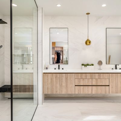 new cabinets new shower new tile new glass new fixtures in bathroom remodel project