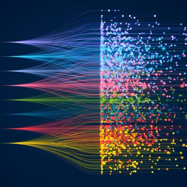 Colorful data flow visualization with nodes and connecting lines on dark background.