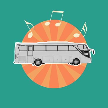 Illustration of a bus with musical notes on a vibrant background.