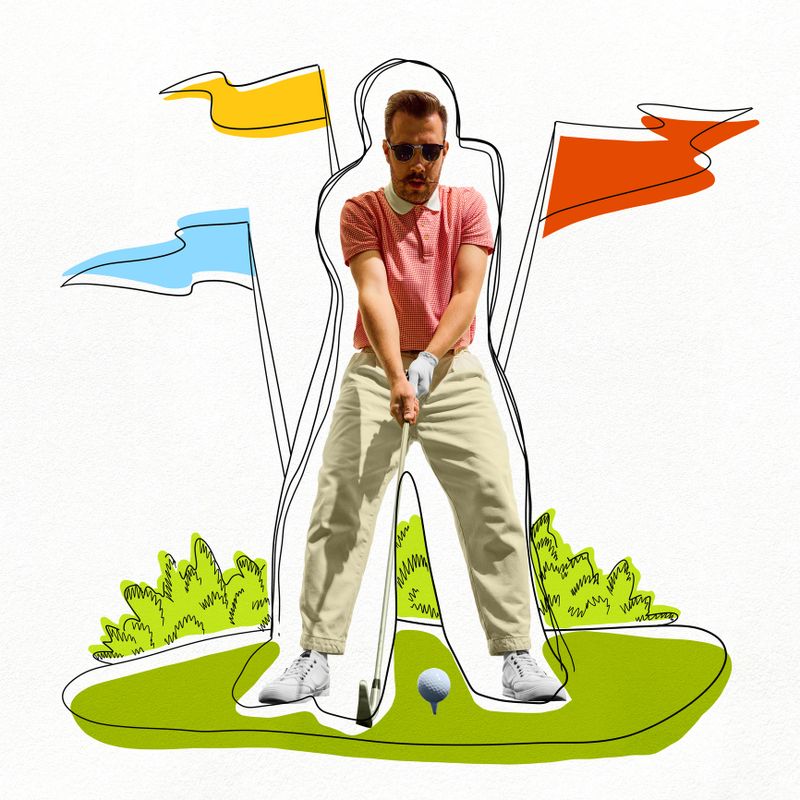 Poster. Contemporary art collage. Golfer prepares to swing, standing on green patch with golf ball against stylized background. Concept of professional sport, active lifestyle, hobby and recreation.