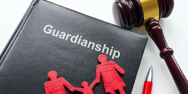 Guardianship legal book with gavel and pen.