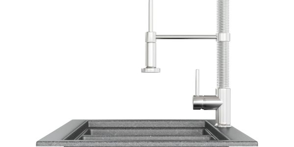 Modern kitchen sink with a sleek industrial-style faucet and granite basin.