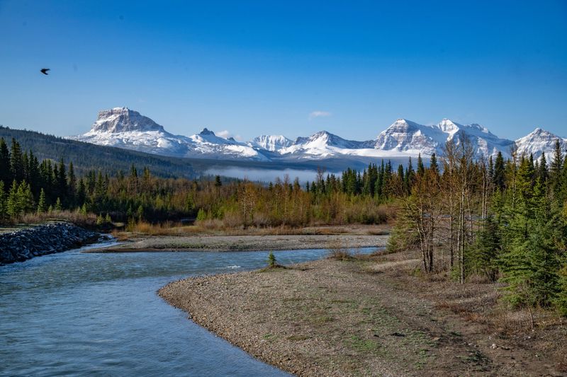 Alberta, Canada river and the Canadian Rockies near the USA border.