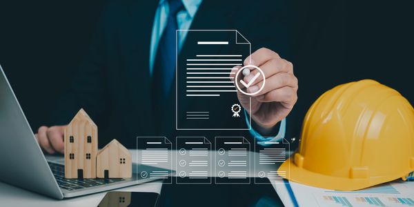 laptop with papers and yellow hard hat