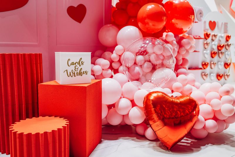 Perfect decoration for celebration, birthday, wedding. Balloons of different colors and boxes for greeting cards