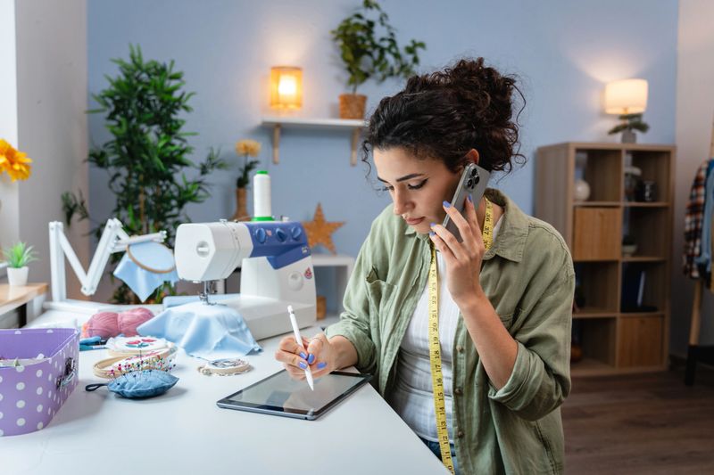 A young designer communicates with a client, while entering orders