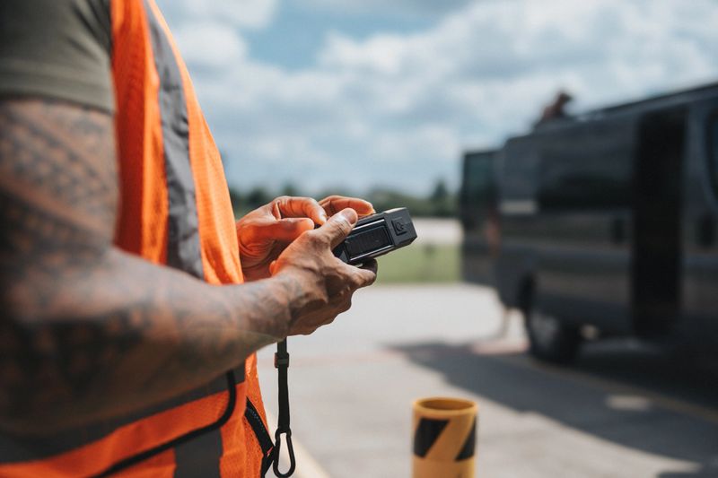 Cropped view of unrecognizable black male working on construction site holding a portable solar panel to charge equipment while on the go.