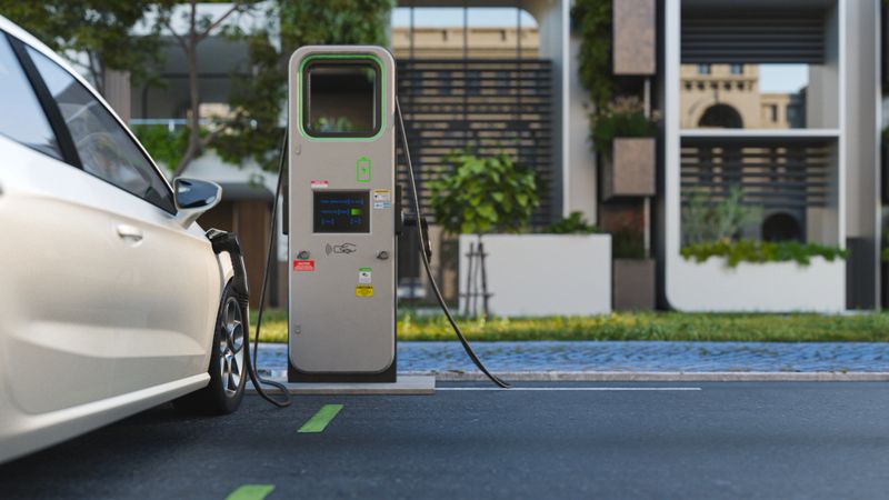 Electric car charging at a station in a modern residential area