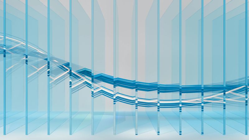 Abstract background of wavy wires passing through an array of thin glass plates