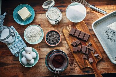 Baking ingredients on a wooden table