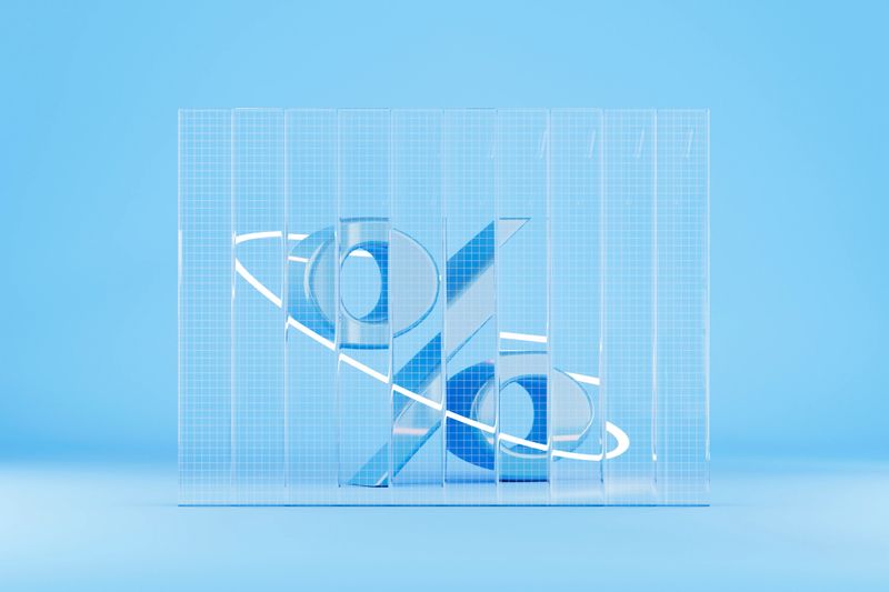 Percentage sign behind glass wall on blue background. Digitally generated image. 3d render.