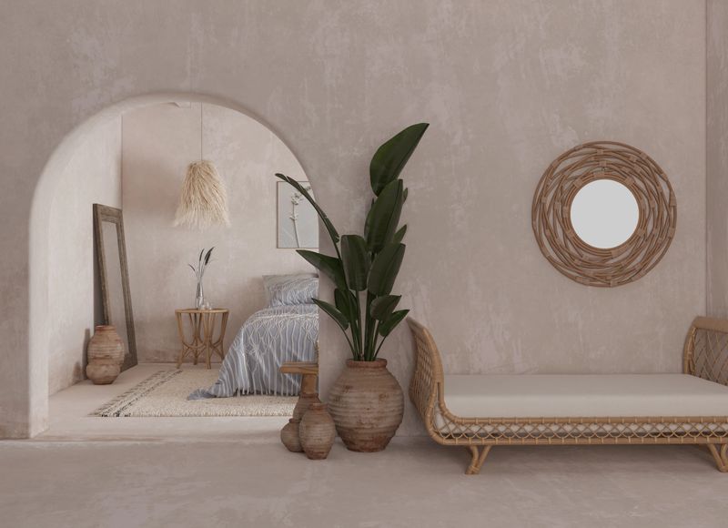 Beach House Mediterranean Bedroom Interior, 3D Rendering.