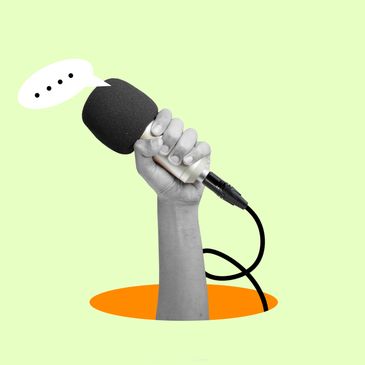 Hand holding a microphone emerging from an orange hole with speech bubble.