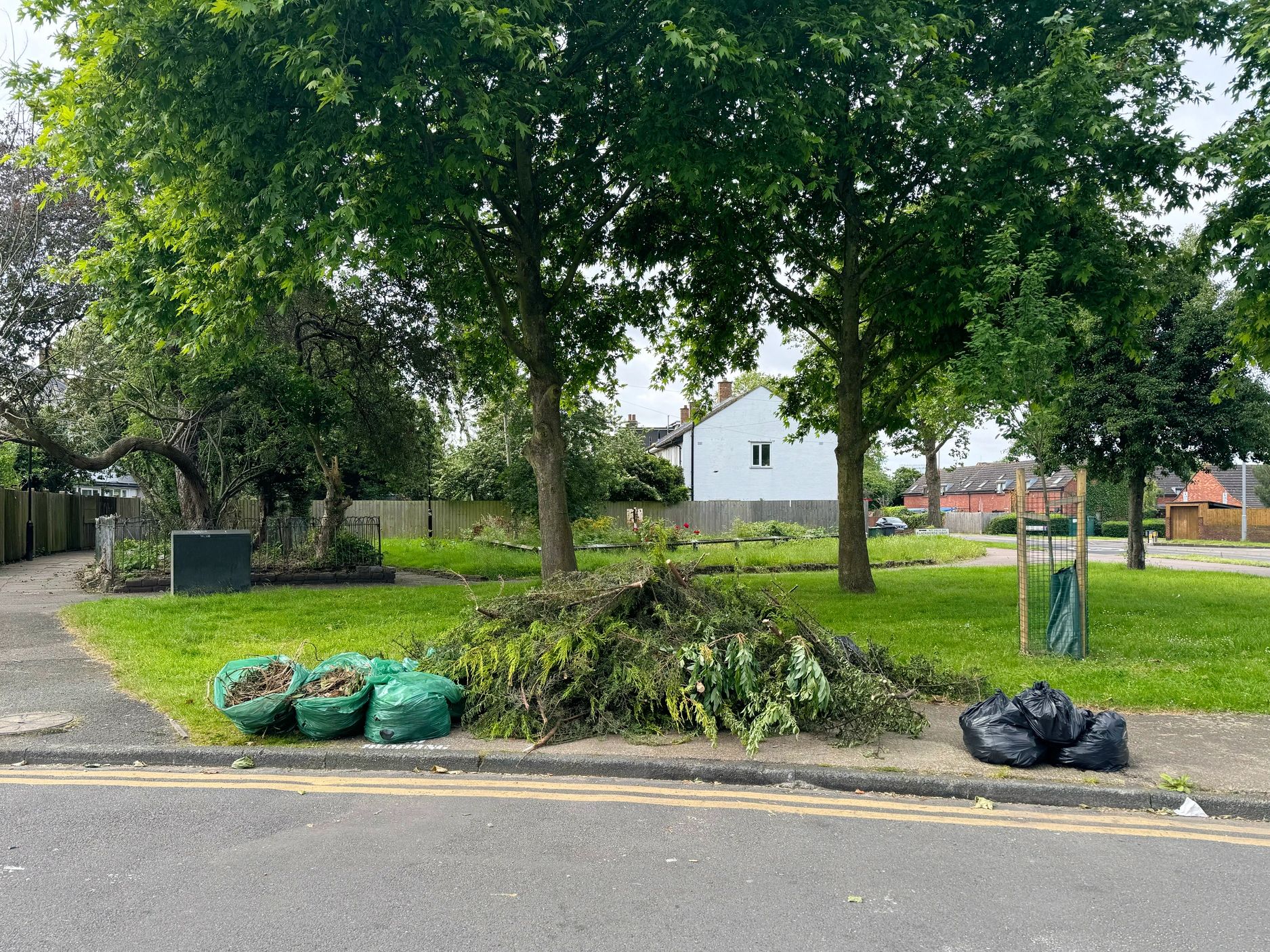 Garden waste bags and branches piled on a suburban roadside under trees.