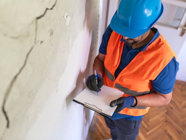Inspector writing notes on water-damaged wall on clipboard.