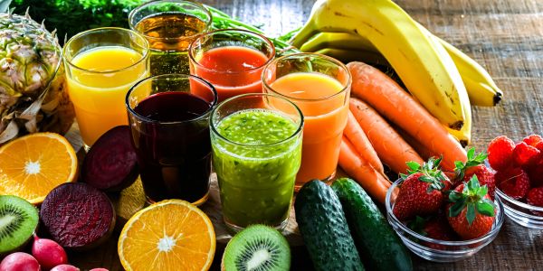 Various fresh fruit and vegetable juices with whole produce on a rustic table.