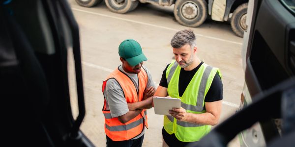 Two workers in safety vests discussing over a tablet.