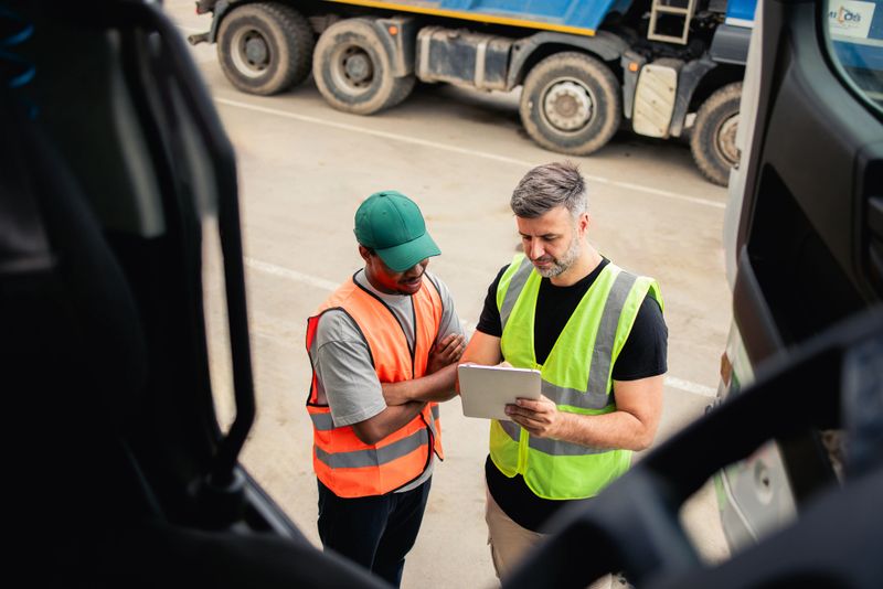 Two truck drivers from the warehouse using tablet and planning the transportation to the storage room