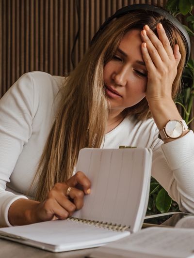 Woman with ADHD, looking confused and overwhelmed. She struggles with executive skills.