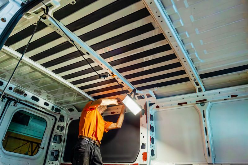 Camper van conversion. Insulation Floor of the transporter, motorhome after anti-rust paint. Conversion DIY Jumper van, foam insulation inside of a camper van