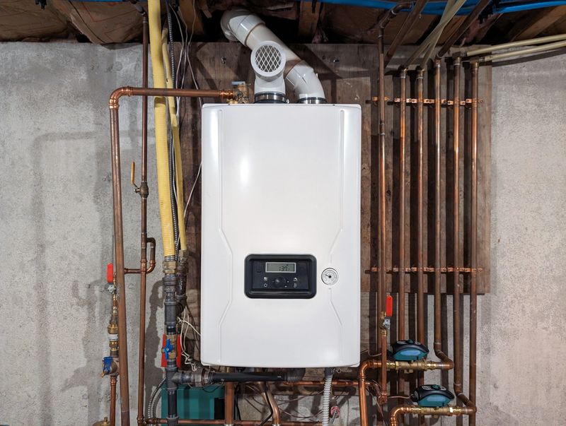 Straight-on color shot of a Tankless Combination Water Heater and Boiler installed on a  well-lit basement wall of a residential building.