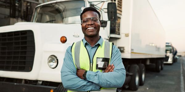 Smiling truck driver in safety vest.