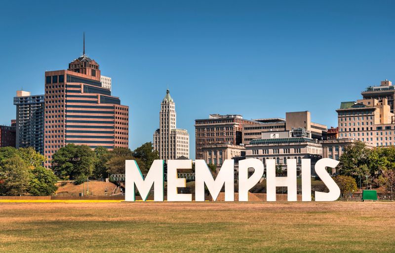 Memphis Tennessee downtown city tourist sign skyline scenic view over the waters of Wolf River Harbor