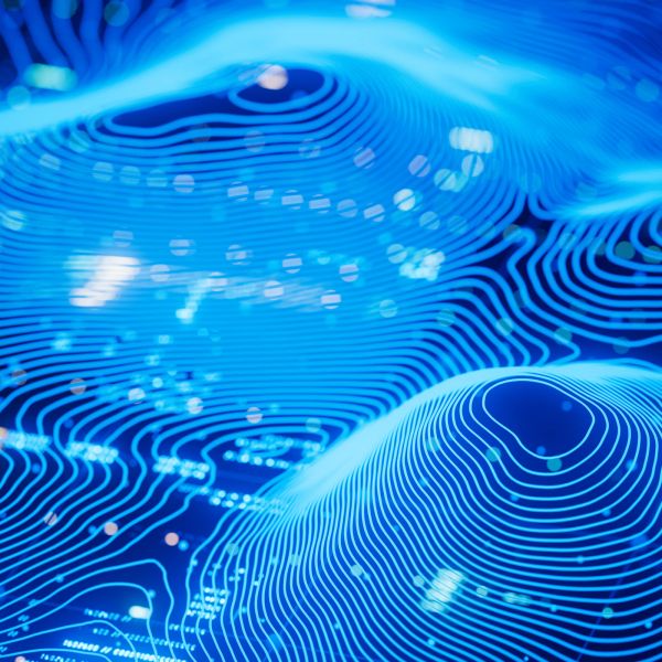 Glowing blue digital contour lines on a surface.
