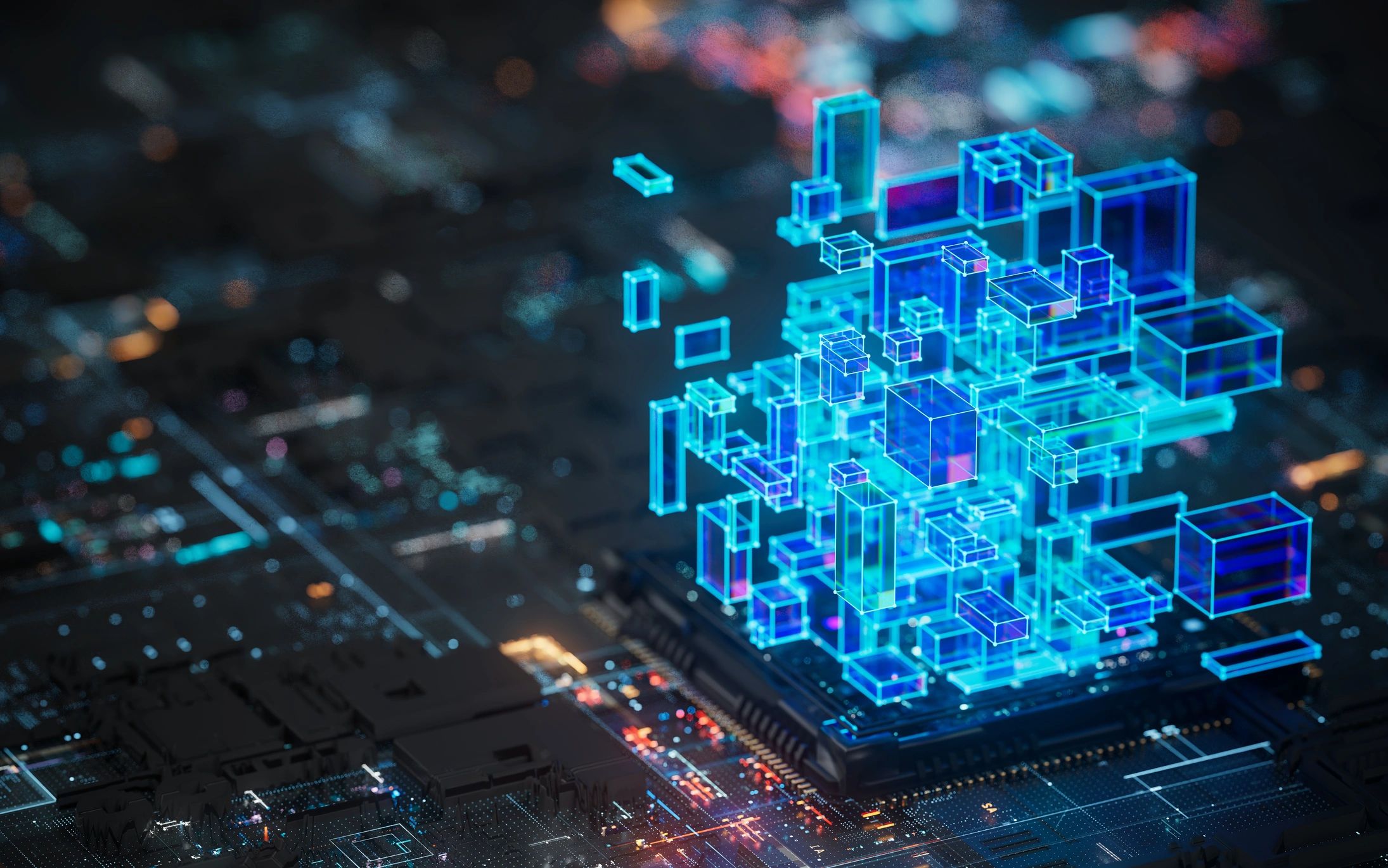 3D holographic blocks above a microchip on a circuit board.