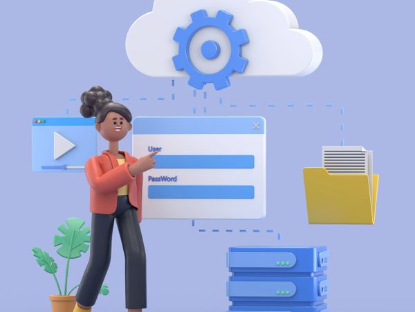 3D illustration of a woman interacting with cloud storage and server systems.